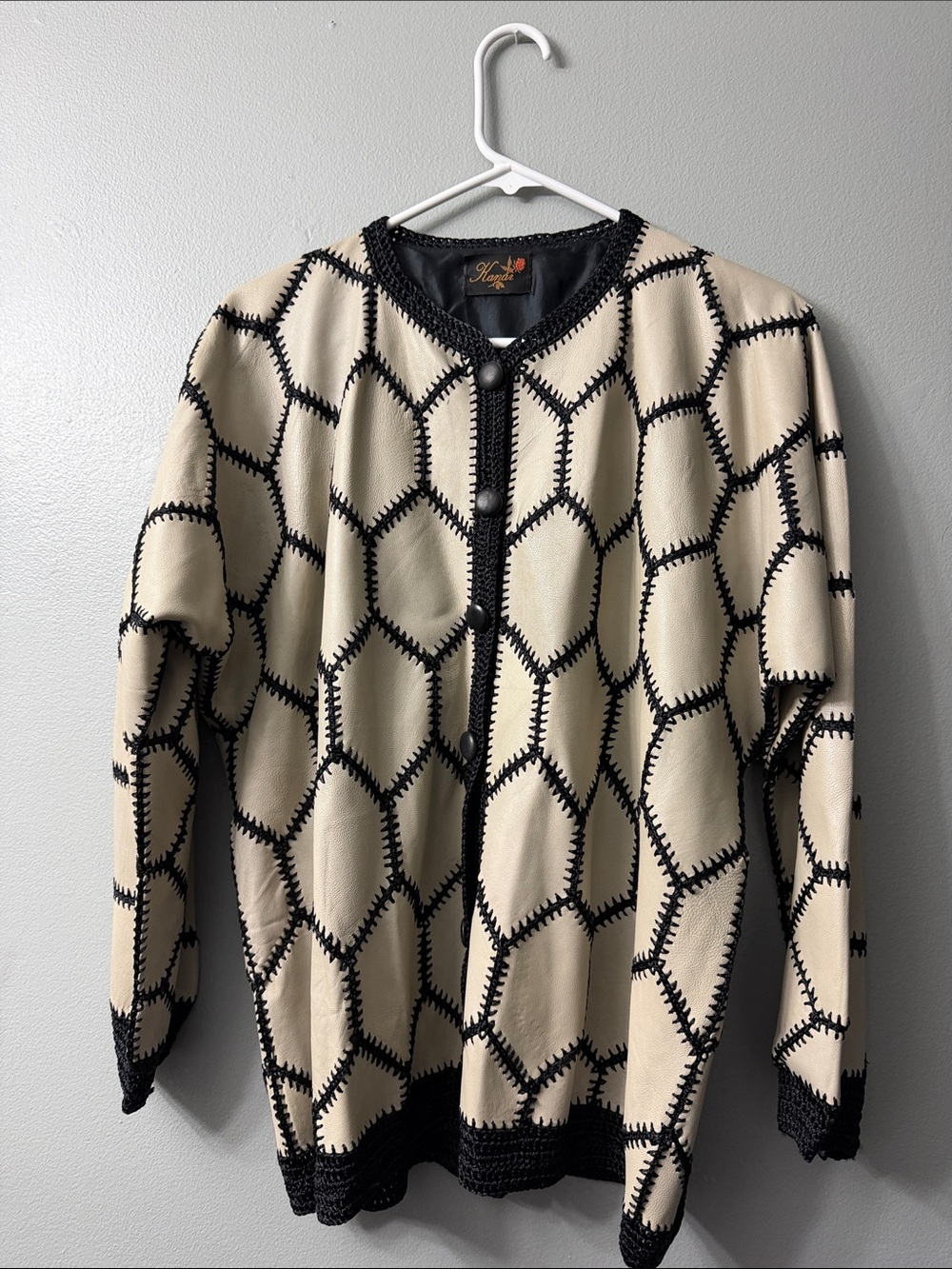 Kanar vintage leather stitched Neutral Patchwork Knit Cardigan Large